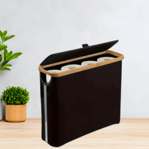 EcoBin PET palackgyűjtő kuka bambusz WC-papír tároló kosár fedéllel fekete