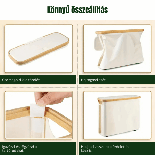 EcoBin PET palackgyűjtő kuka bambusz WC-papír tároló kosár fedéllel összeállítása könnyű