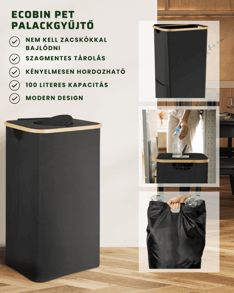 EcoBin visszaváltható PET palack gyűjtő tároló bambusz kerettel